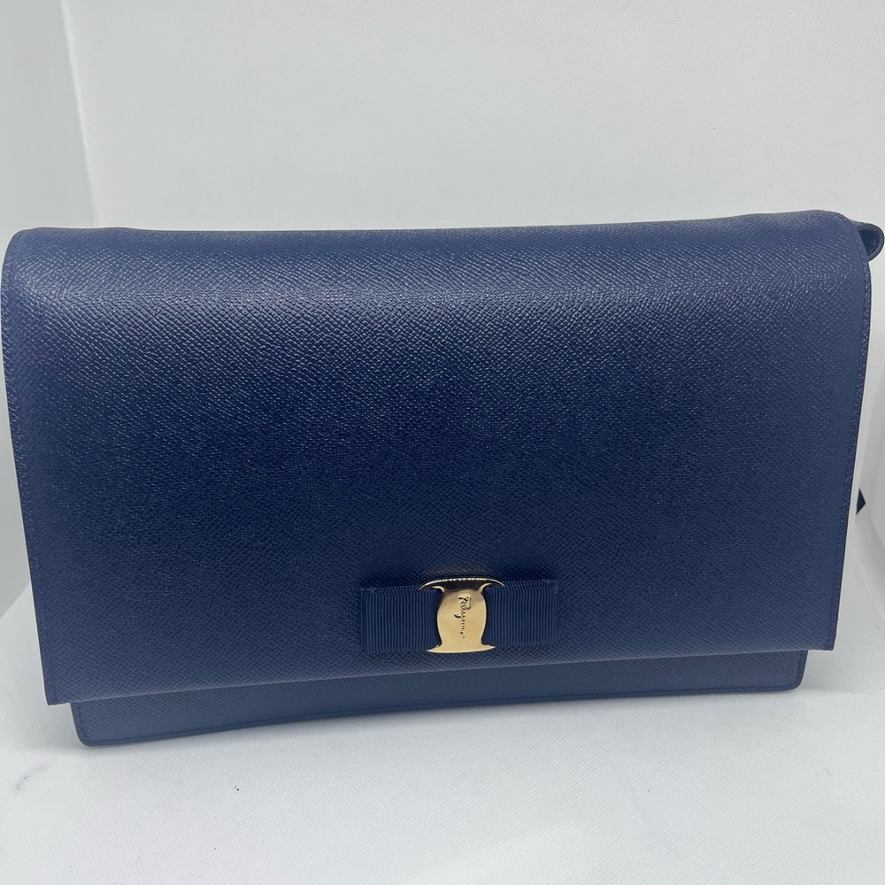 Salvatore Ferragamo Ginny Purse in Navy Pebble Calf
